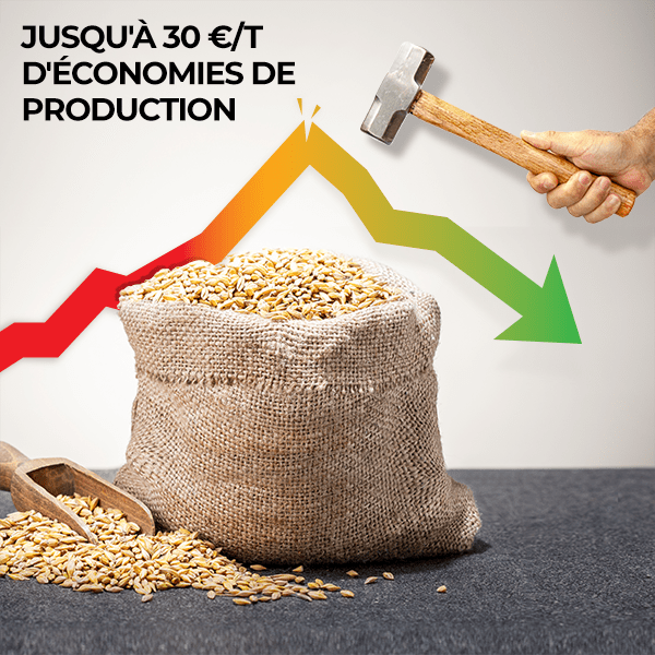 Sac d'aliments avec flèche et marteau indiquant une diminution du coût de production